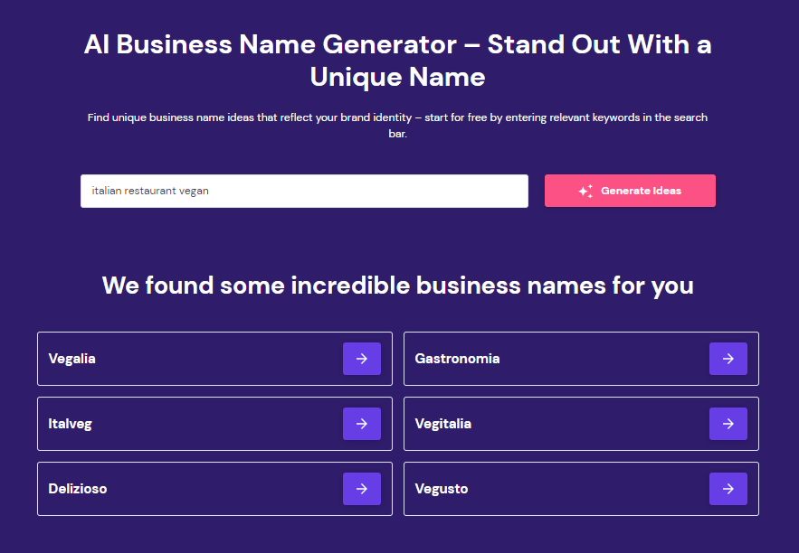 Hostinger's AI Business Name Generator landing page, showing name suggestions for a vegan Italian restaurant