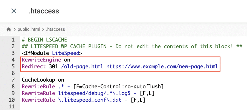 hPanel File Manager showing .htaccess with RewriteEngine on and redirect rules