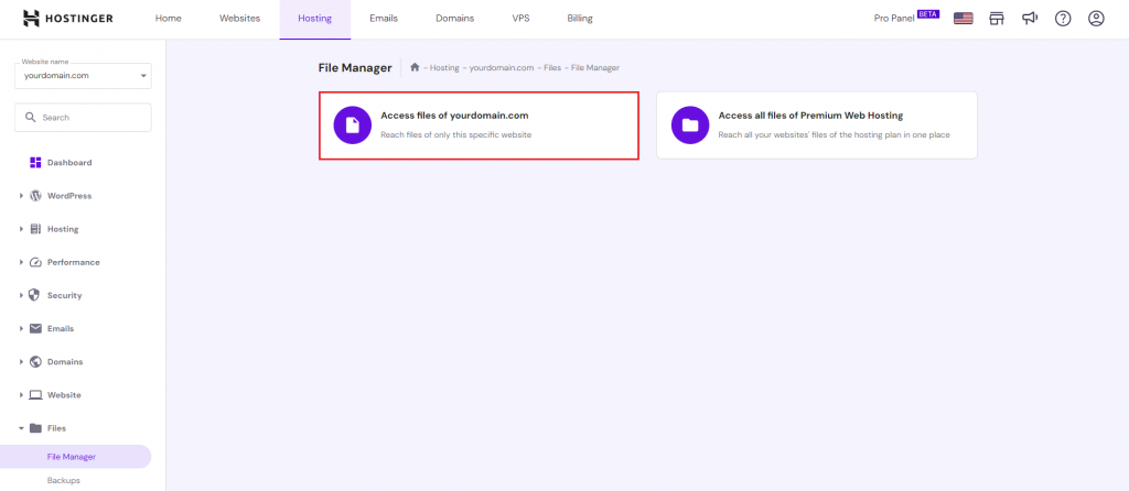 The File Manager section in hPanel, with the "Access Files of yourdomain.com" option highlighted