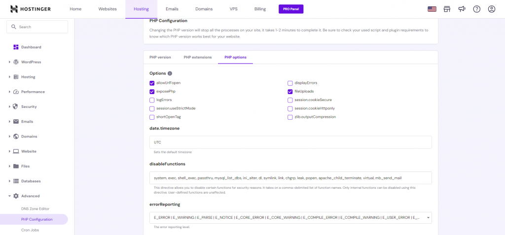 PHP Configuration section in hPanel.