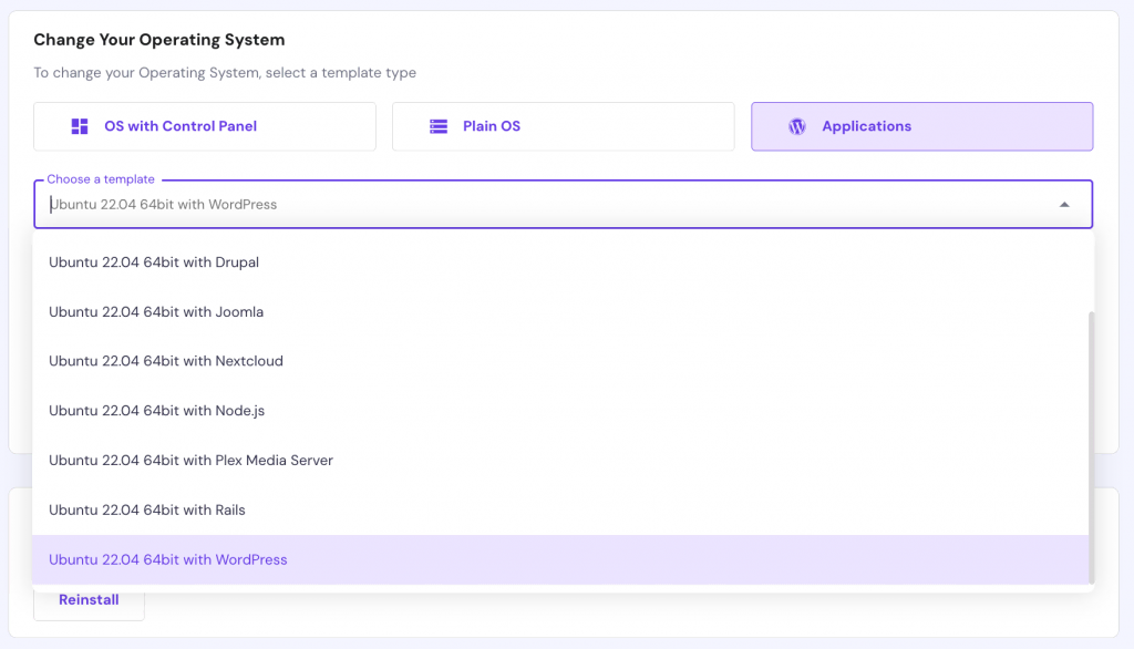 VPS operating system template selection menu in hPanel