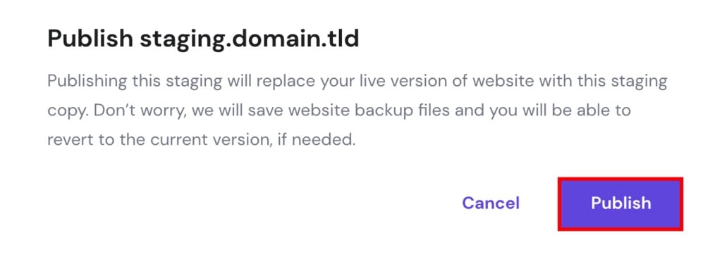 The pop-up message confirming to publish the staging website of domain.tld.