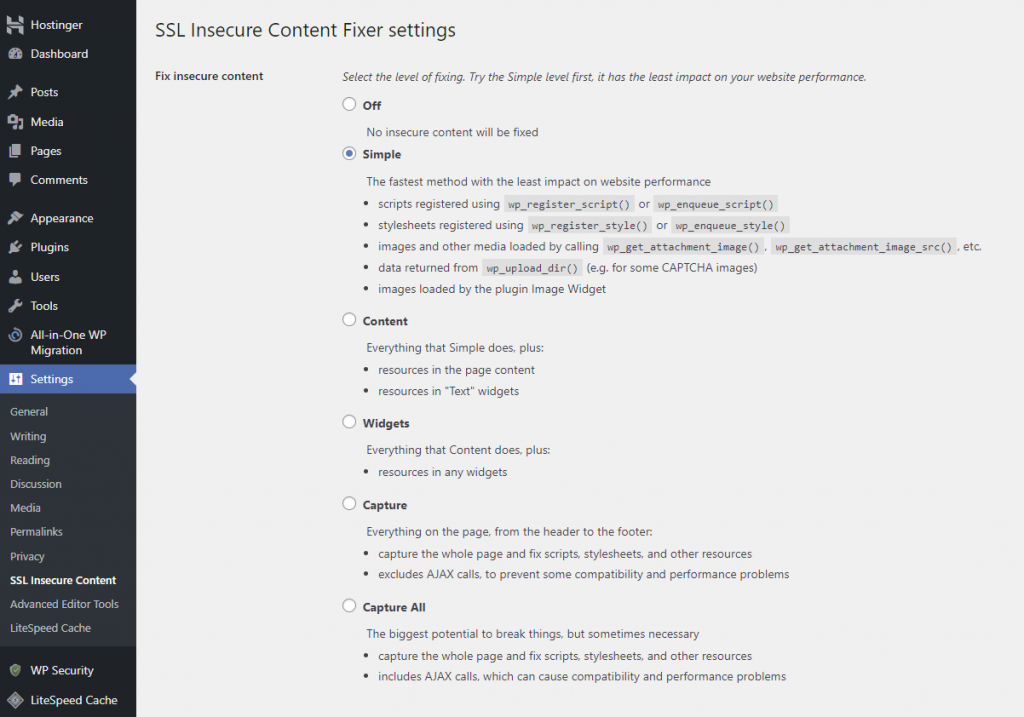 The configuration page of the SSL Insecure Content plugin