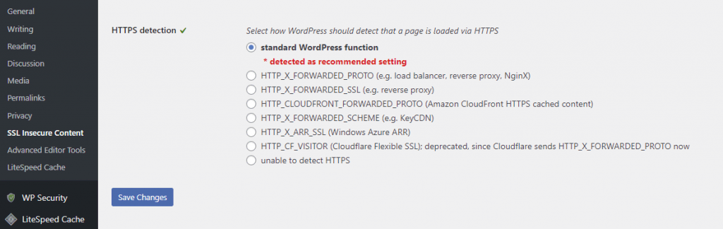 The SSL Insecure Content plugin's HTTPS detection section in the WordPress dashboard