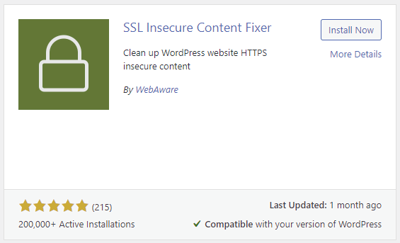 The SSL Insecure Content Fixer plugin's install option in WordPress