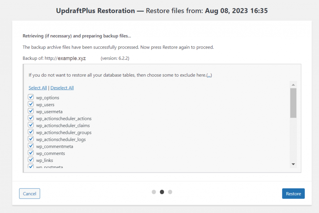 The UpdraftPlus page, showing which database tables to restore.