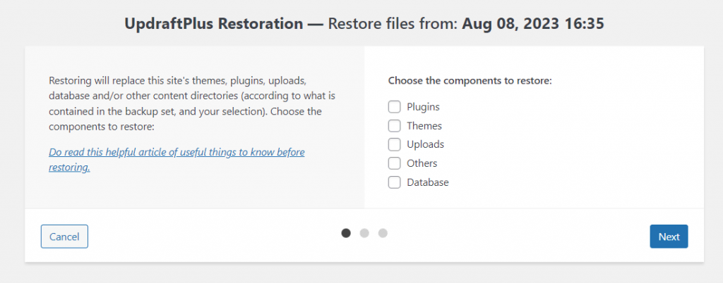 The UpdraftPlus Restoration page, asking to choose website component to restore.