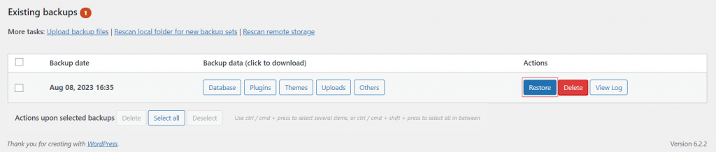 The restore button under the Existing Backup menu on UpdraftPlus.