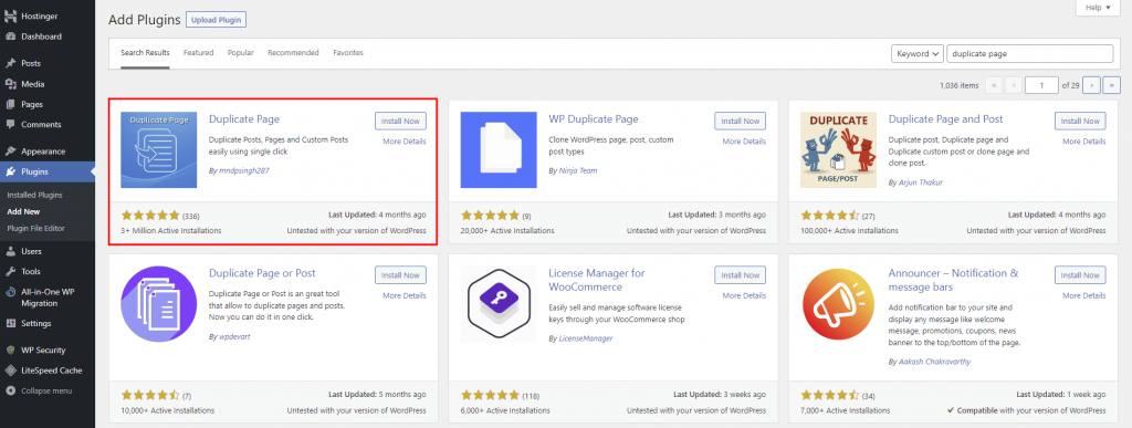 The Duplicate Page plugin in the Plugins section is highlighted.