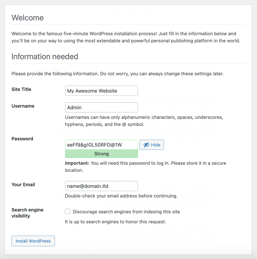 WordPress requests user information during the installation process