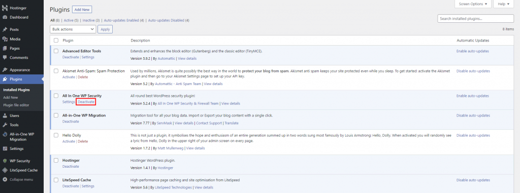 The Plugins section in WordPress with the Deactivate link highlighted under a security plugin.