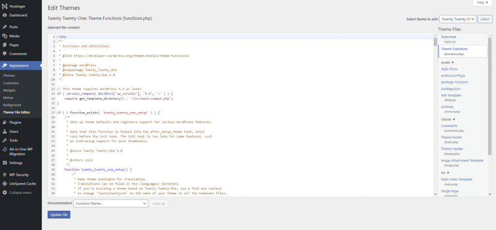 WordPress's Theme File Editor workspace with the functions.php file opened.