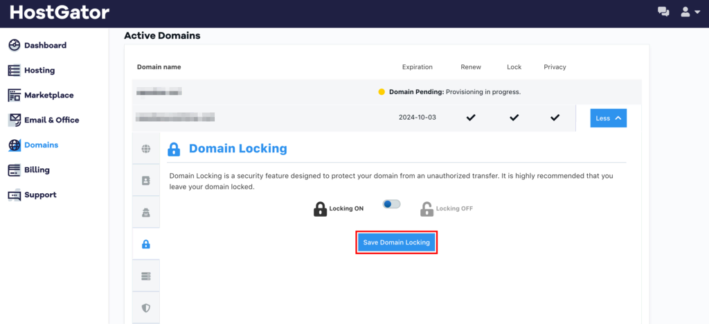 The HostGator Domain locking section