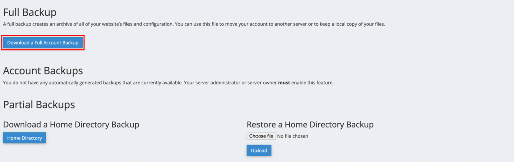 Download a full account backup option in HostGator cpanel