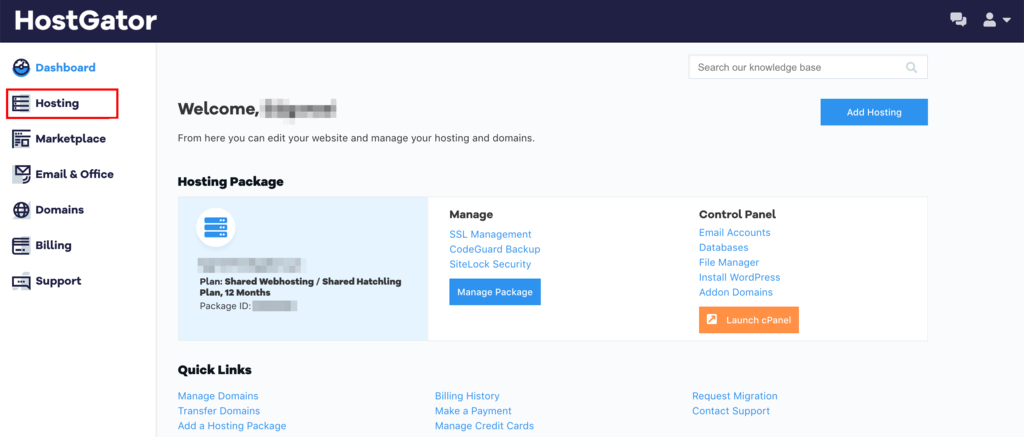 HostGator hosting account dashboard with Hosting section highlighted