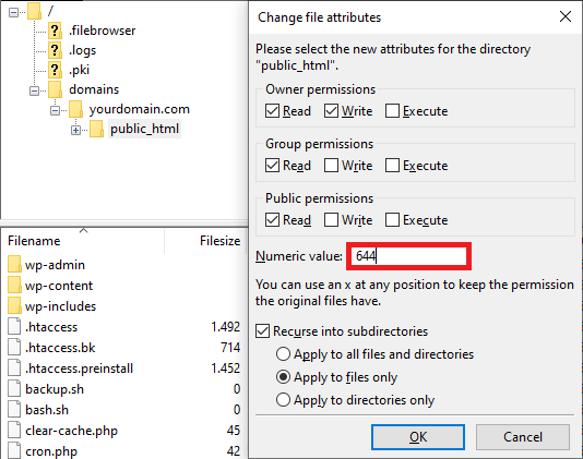 Screenshot from the FTP's file attributes showing the numeric value at 644 and the apply to files only option.