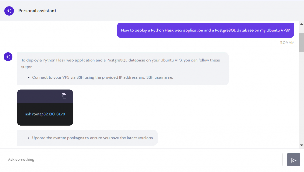 Hostinger AI Assistant generates the steps and commands to deploy Python Flask application on a Linux VPS