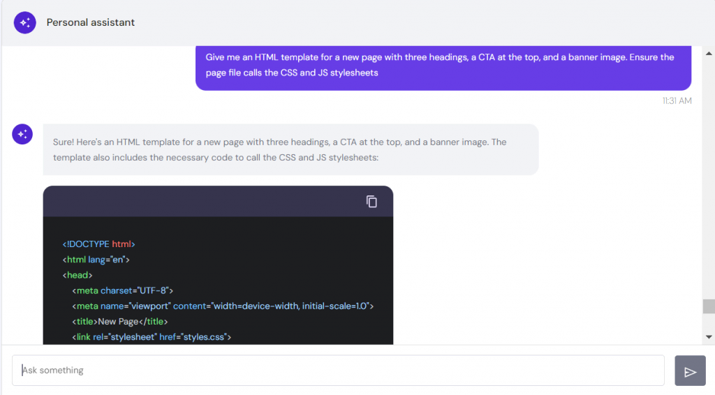 Hostinger VPS AI Assistant generates an HTML page template