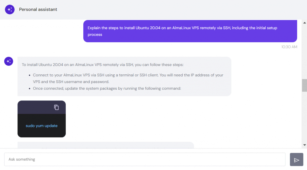 Hostinger VPS AI Assistant gives steps and commands for installing Ubuntu on an AlmaLinux VPS via SSH