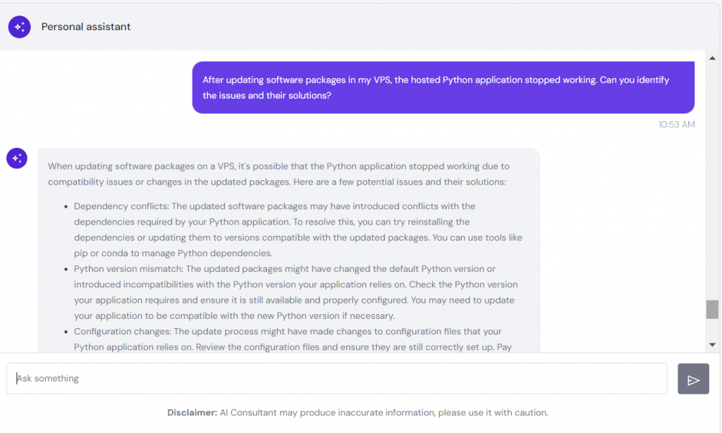 Hostinger VPS AI Assistant provides possible causes and solutions to a VPS issue related to the hosted Python app