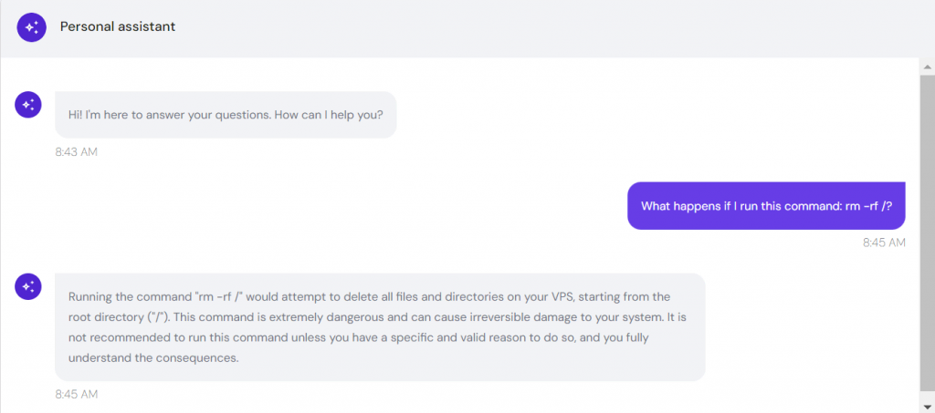 Hostinger VPS AI Assistant warns user about a destructive command