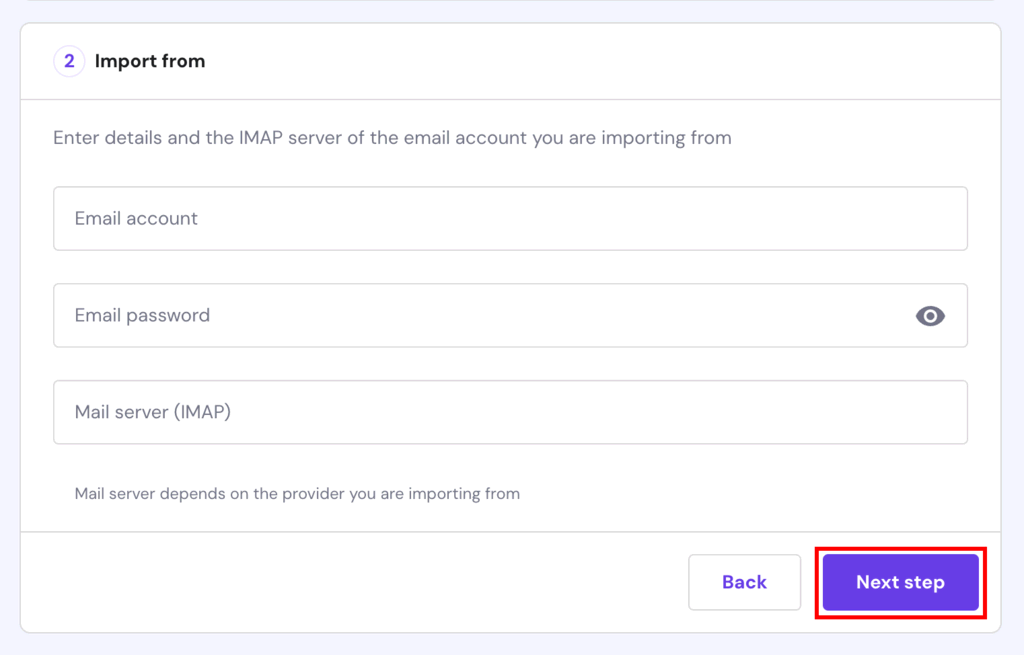 Email import setup asking for old email account credentials and IMAP details