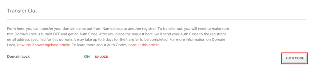The Transfer Out section that has access to the Auth Code