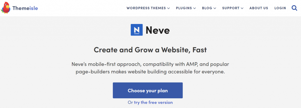 The homepage of Neve