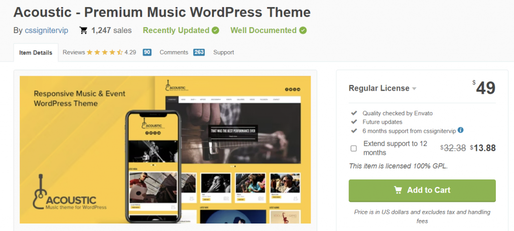 The landing page of Acoustic on ThemeForest's website