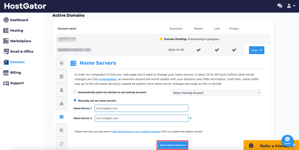 HostGator Domain Name Servers section
