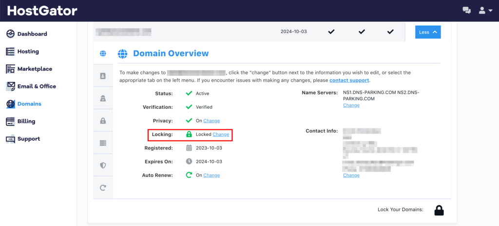 HostGator dashboard domain locking option