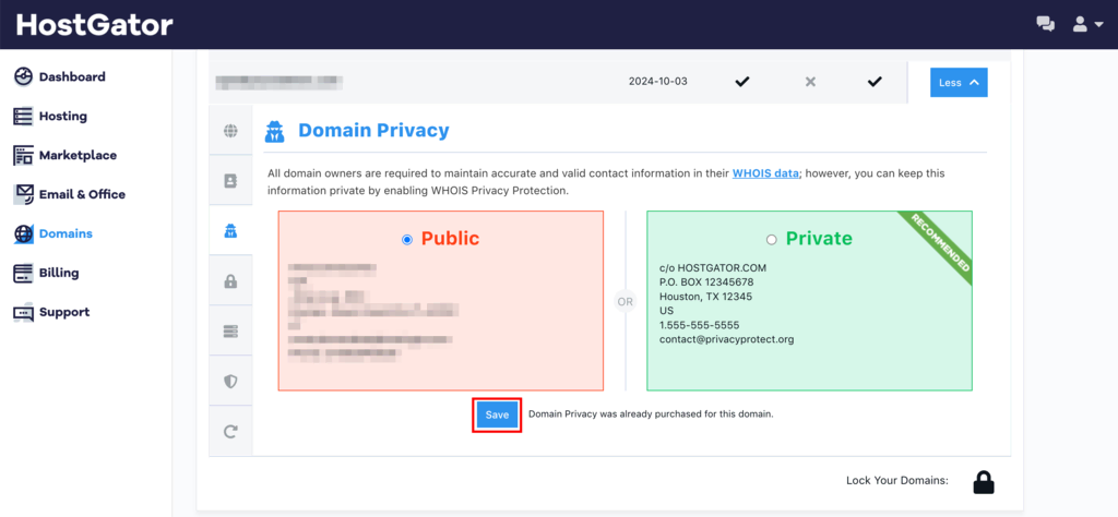 Hostgator Domain Privacy section