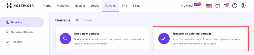 Hostinger Domains section showing the transfer option