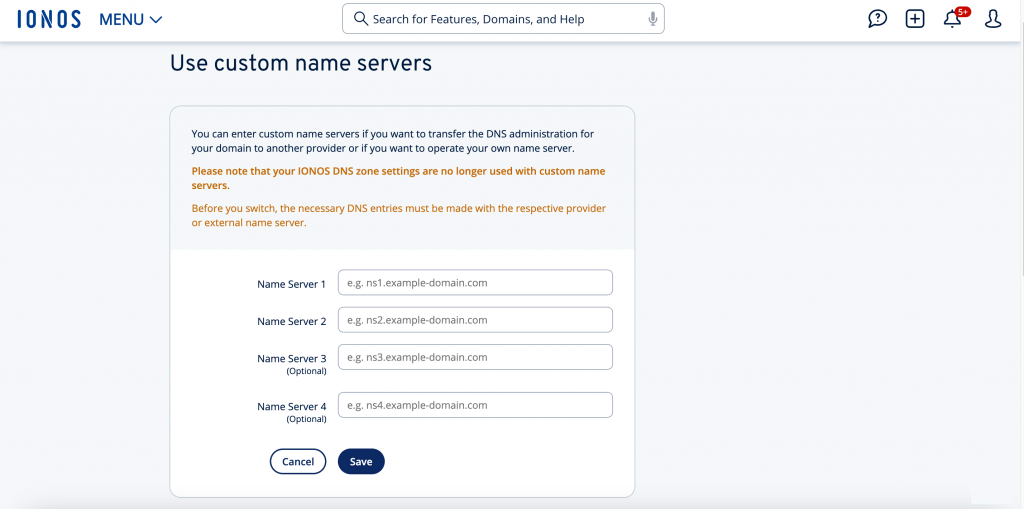 Ionos custom name servers page