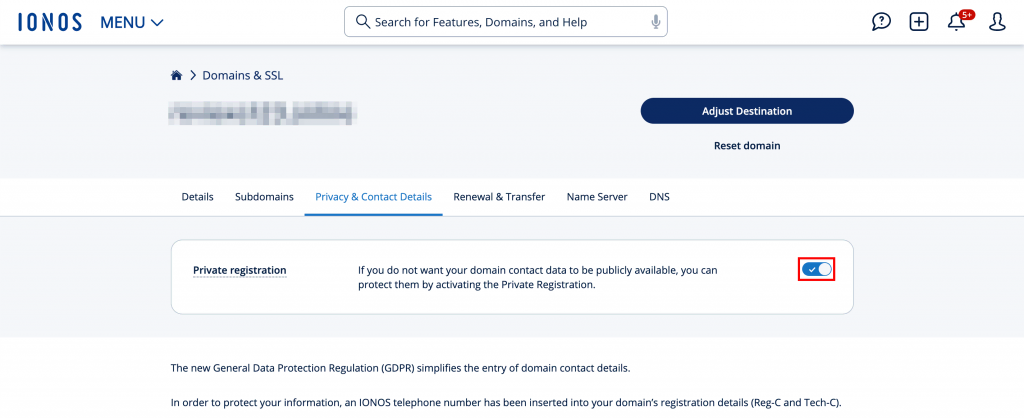 Ionos domain name privacy setting
