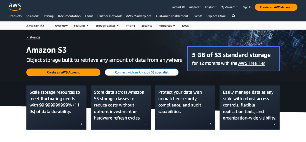 Amazon AWS S3 homepage