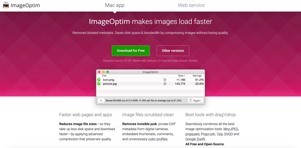 Homepage of image optimization tool, ImageOptim