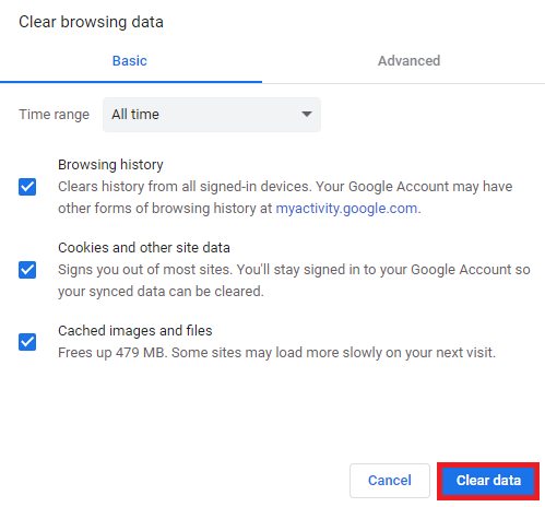 Clear browsing data settings - time range, browsing history, cookies and other site data, and cached images and files.