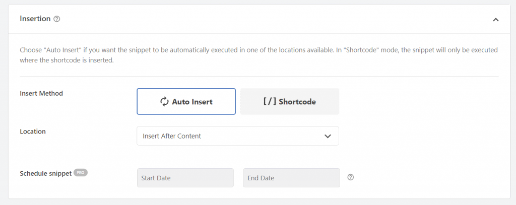 The code snippet insertion settings in the WPCode plugin