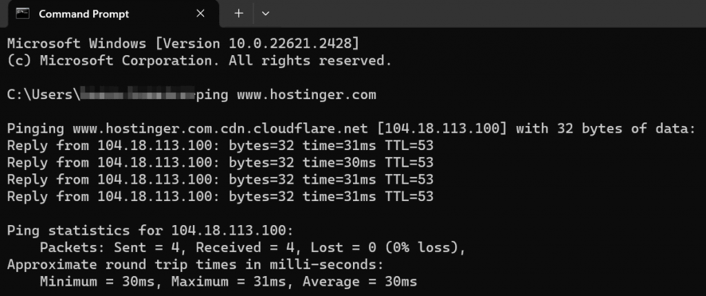 An example of the output for ping in the command prompt.