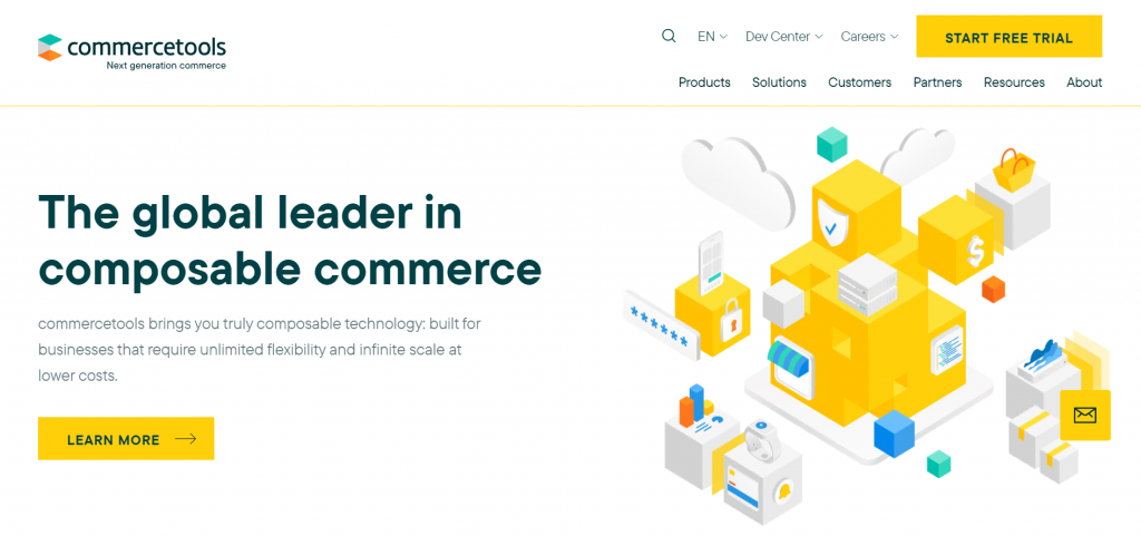 The homepage of commercetools, a MACH-based headless eCommerce platform.