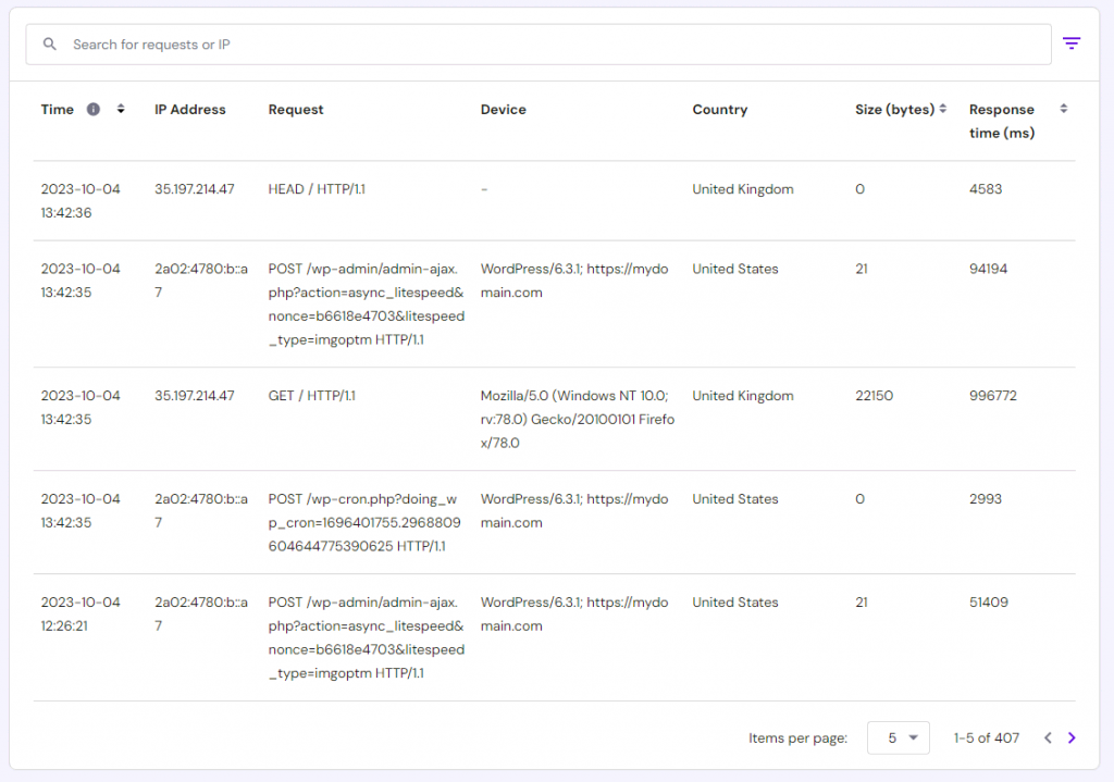 Hostinger's data table for access logs.