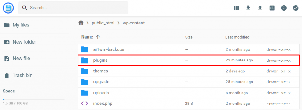 Plugins folder location in hPanel's file manager.