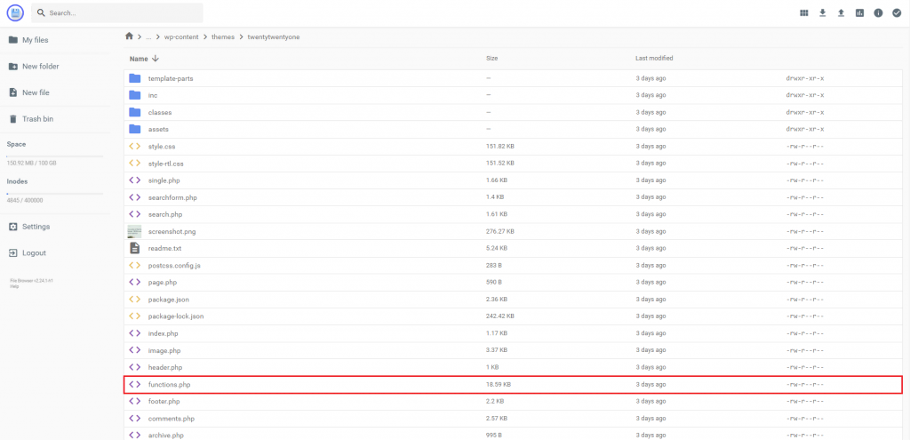 The TwentyTwentyOne theme's directory with the functions.php file highlighted.