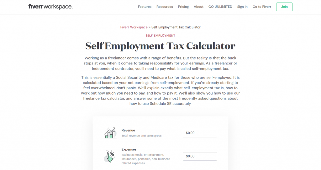 Fiverr's self-employment tax calculator
