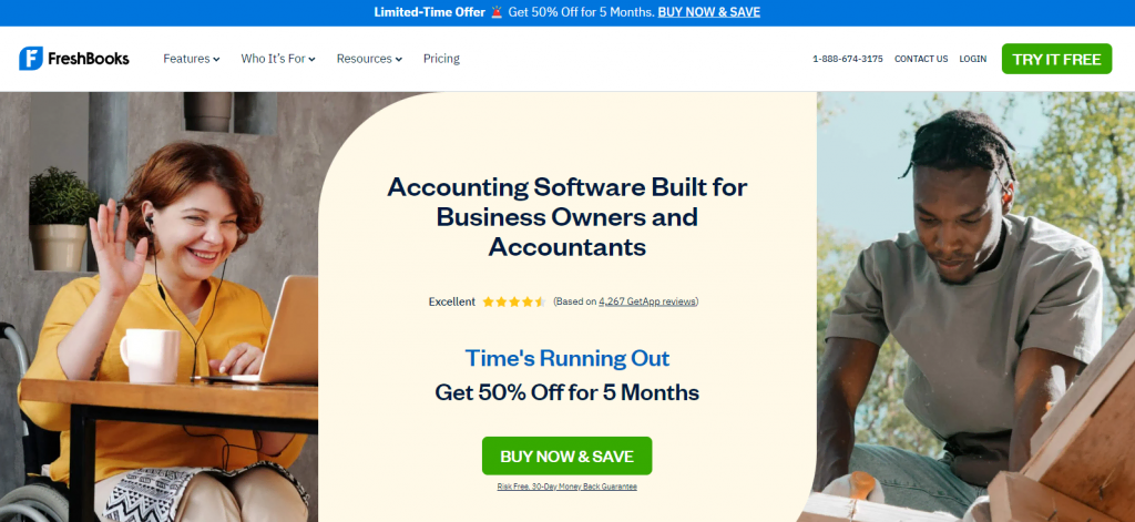 Homepage of Freshbooks, a tax and accounting software