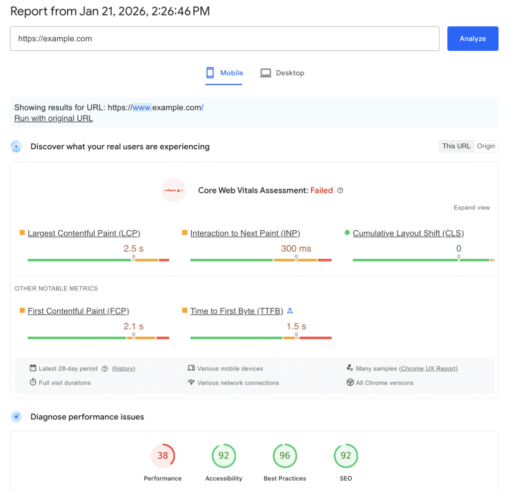 PageSpeed Insights showing Core Web Vitals assessment with LCP and INP.