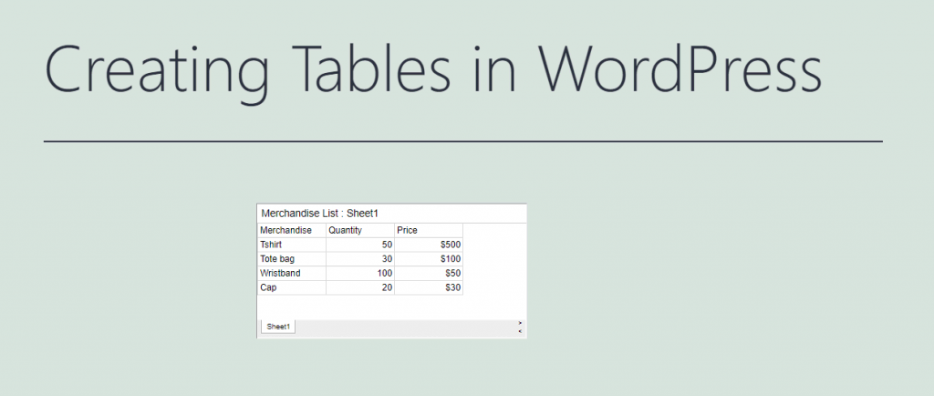 Google table preview in WordPress using the iFrame method.