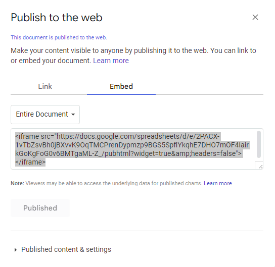 The iFrame code by Google for embedding purposes is highlighted.