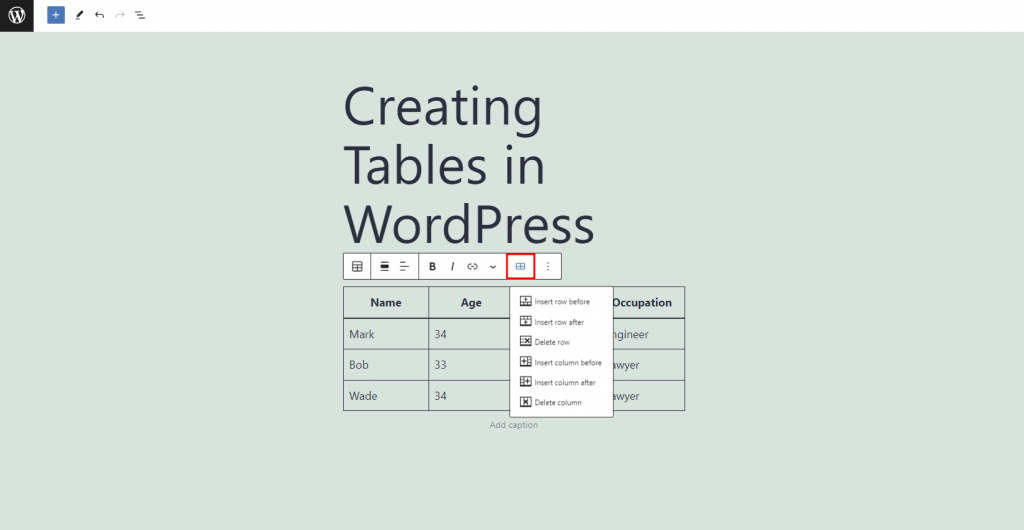 WordPress Edit Table setting highlighted.